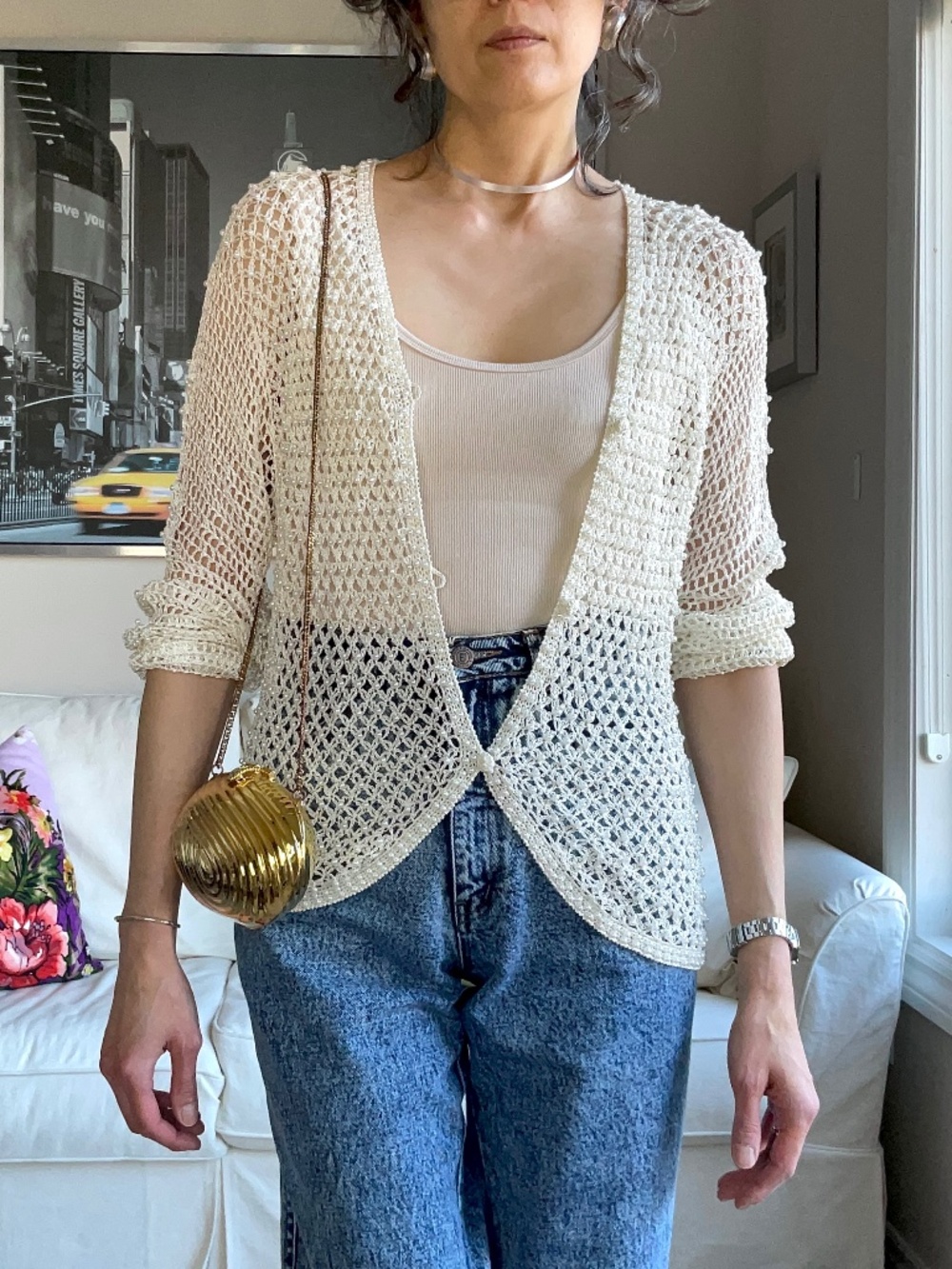 Cream crochet cardigan with faux mini pearl